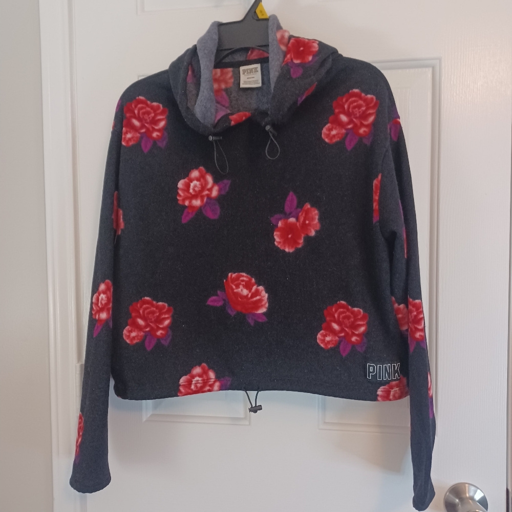 PINK by Victoria's Secret Black Floral Hoodie Top Sz M /